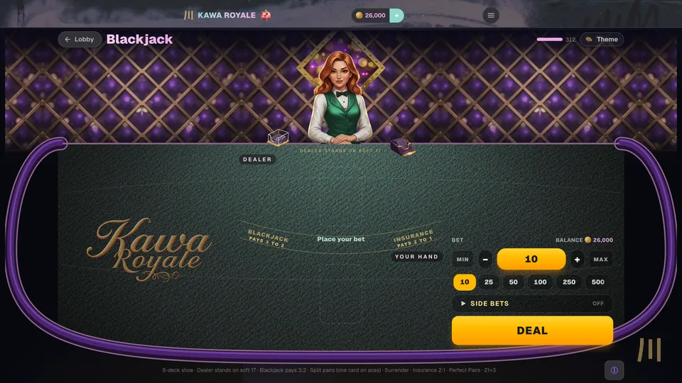 Blackjack table: a dealer in a green vest behind a felt table with bet controls and a gold Deal button