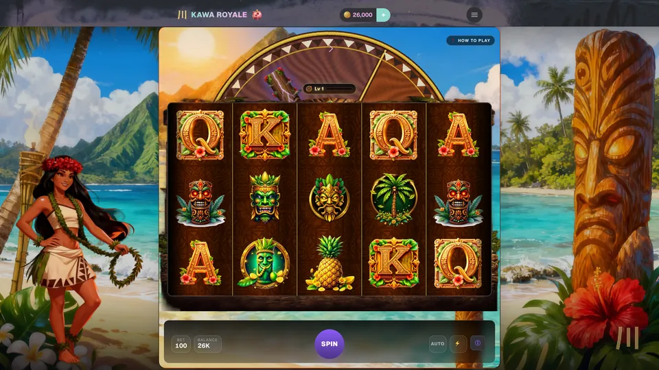 Castaway Tiki slot: tiki masks and pineapples on carved wooden reels between a hula dancer and a tiki statue on a tropical beach