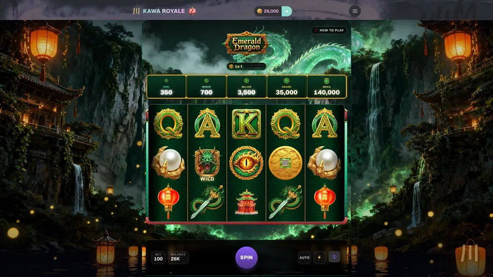 Emerald Dragon slot: a jade dragon coils above jackpot tiers and reels of pearls, lanterns and dragon eyes beside a misty waterfall temple