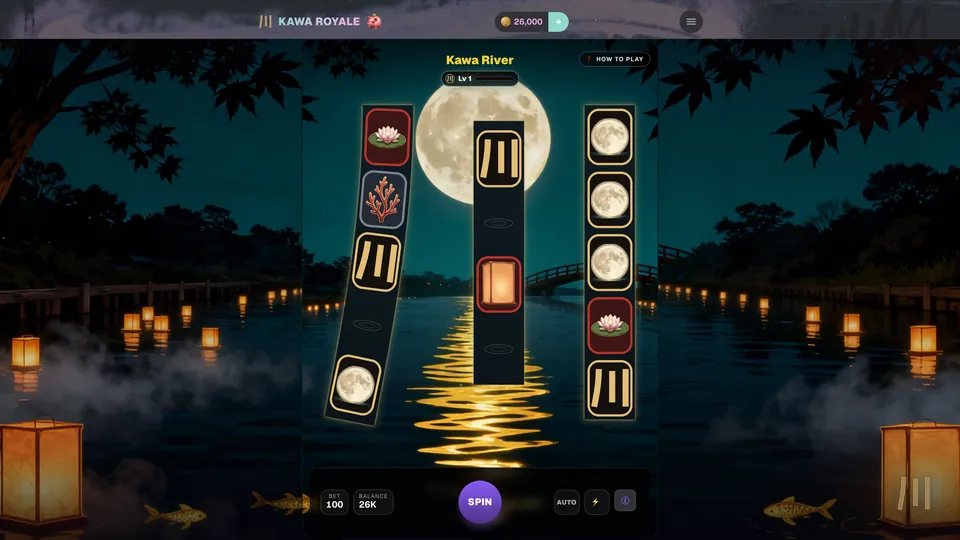 Kawa River slot: three tall reels carrying the 川 river mark, lotus flowers and moons over a moonlit river lined with floating lanterns