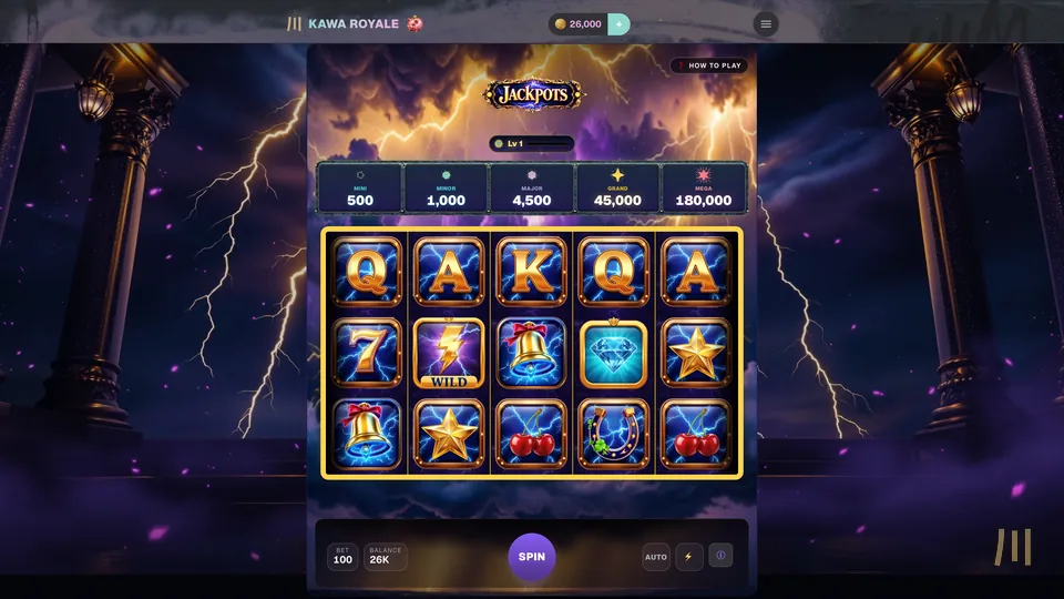 Lightning Jackpots slot: five jackpot tiers from Mini to Mega above a gold-framed reel grid, with lightning striking between marble columns