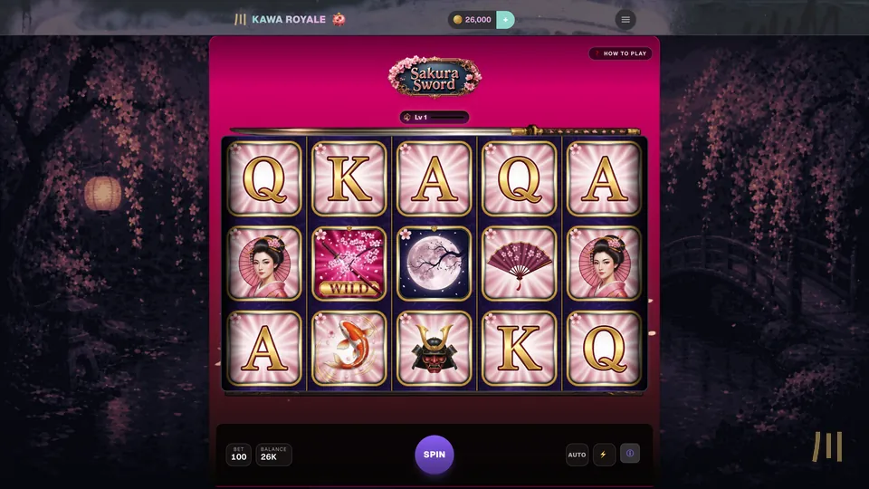 Sakura Sword slot: pink-framed reels of geisha, fans and full moons under falling cherry blossoms