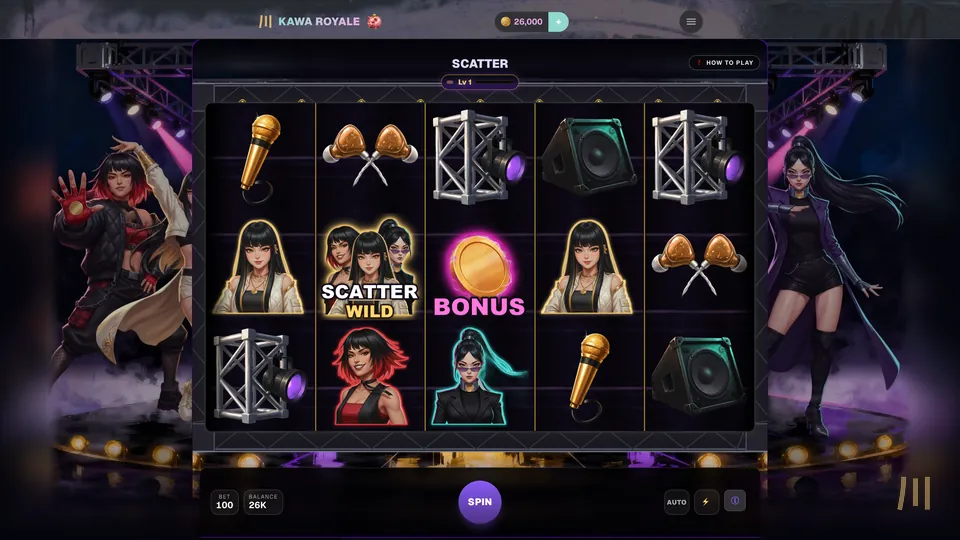 SCATTER slot: three band members flank a stage-lit reel grid of microphones, amps and a gold Bonus coin