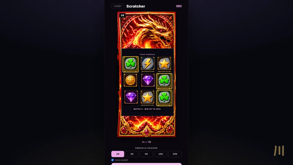 Emerald Dragon scratch ticket fully revealed, with three matching clovers highlighted on a fiery dragon ticket