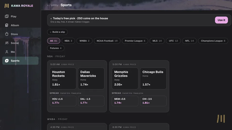 Sports board with a daily free pick, league filters, and NBA moneyline and spread prices